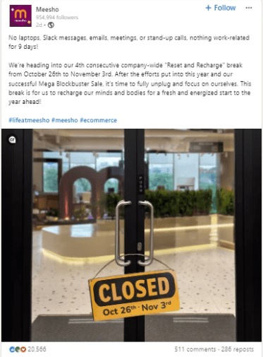 Meesho has announced a nine-day leave for its employees. (Photo: Meesho/LinkedIn)
