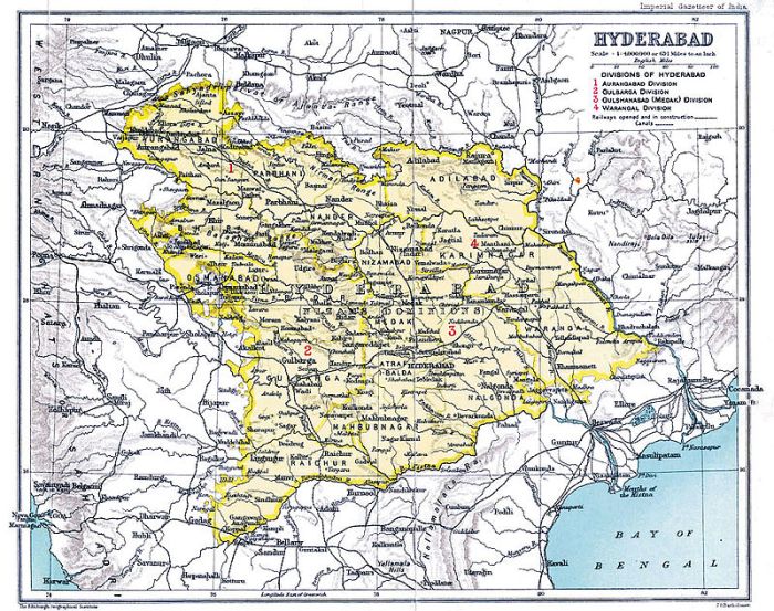 Hyderabad state of British India map by the Imperial Gazetteer of India, 1909.