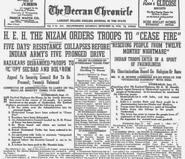 The first page of Deccan Chronicle that was published on 18 September 1948