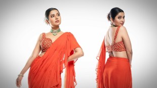 Prajakta Mali Orange Ruffle Saree