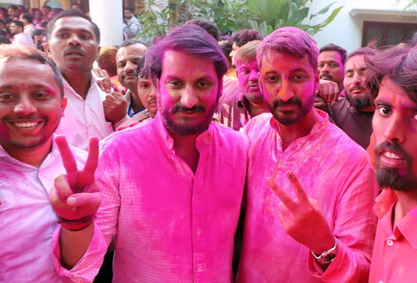 Ajit Pawars Sons Parth Pawar and Jay Pawar led the celebrations at Sahayog Bungalow in Baramati