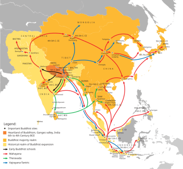The Silk Road transmission of Buddhism: Mahayana Buddhism first entered the Chinese Empire (Han dynasty) during the Kushan Era. The overland and maritime "Silk Roads" were interlinked and complementary, forming what scholars have called the "great circle of Buddhism.