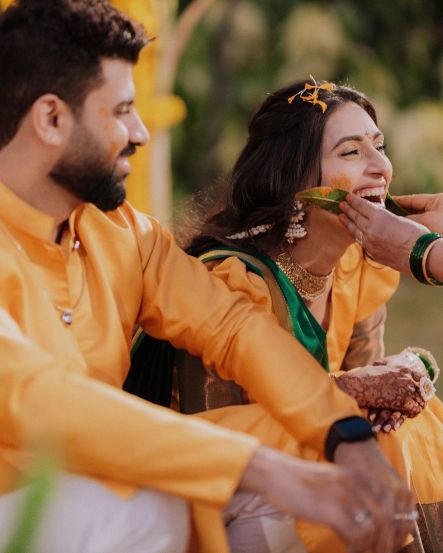 reshma shinde first photo with husband haldi ceremony