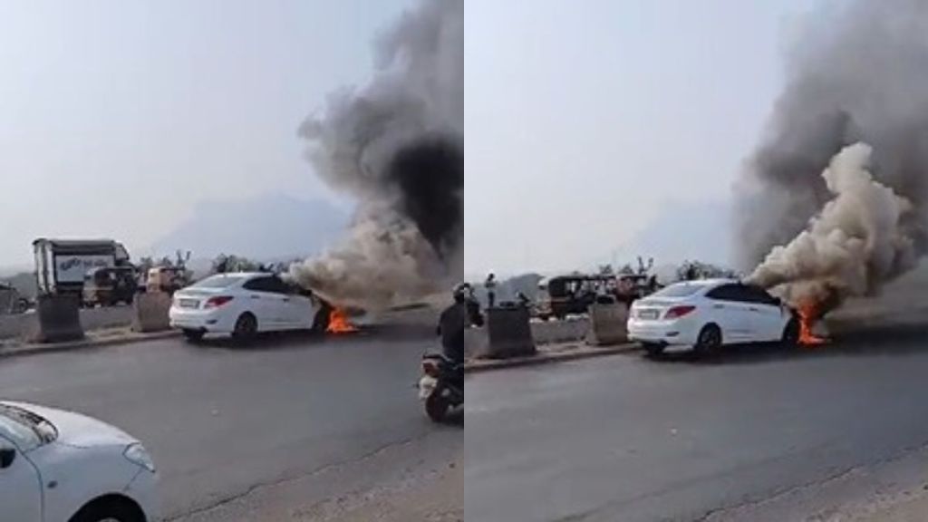 Car catches fire on Mumbai-Nashik highway traffic jam on the highway Car catches fire on Mumbai-Nashik highway traffic jam on the highway