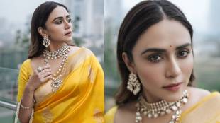 Amruta Khanvilkar shares photos in yellow Banarasi Saree on Instagram