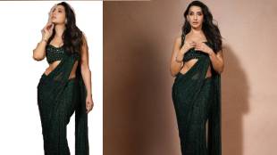 Nora Fatehi shares pictures in green designer saree on social Media for her release of new song snake
