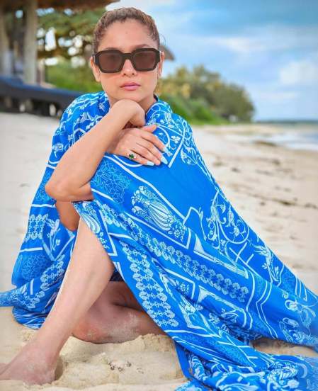 Ankita lokhande in sky blue monokini photoshoot on beach