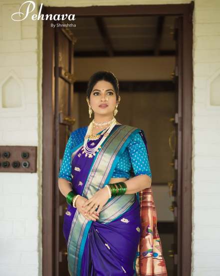Dhanashri Kadgaonkar shares pictures in violet paithani saree on social media on the occasion of Shivaji Jayanti