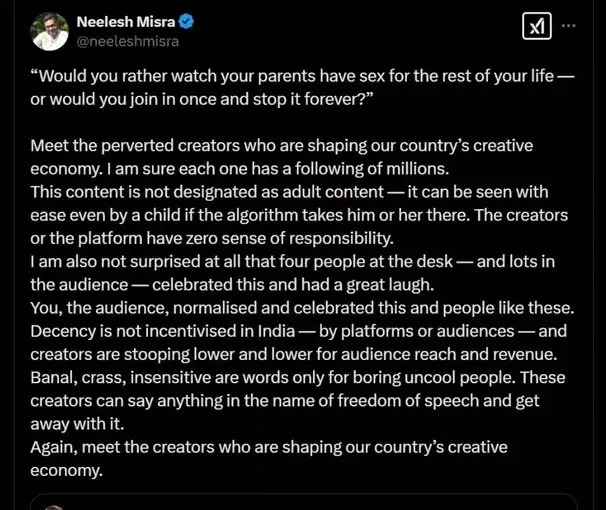 neelesh mishra slams ranveer allahbadia samay raina