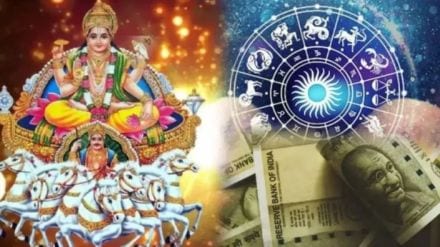 Zodiac signs glowing in sunlight with Surya Dev’s divine presence behind