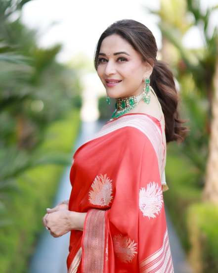 Madhuri Dixit Nene Red Saree Look