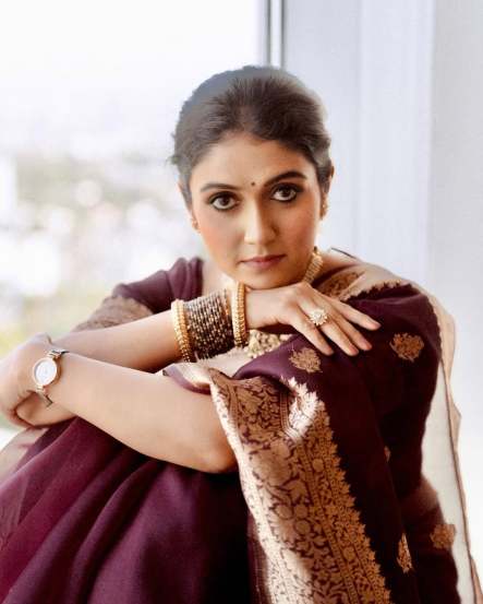 Rinku Rajguru Brown Banarasi Saree Look