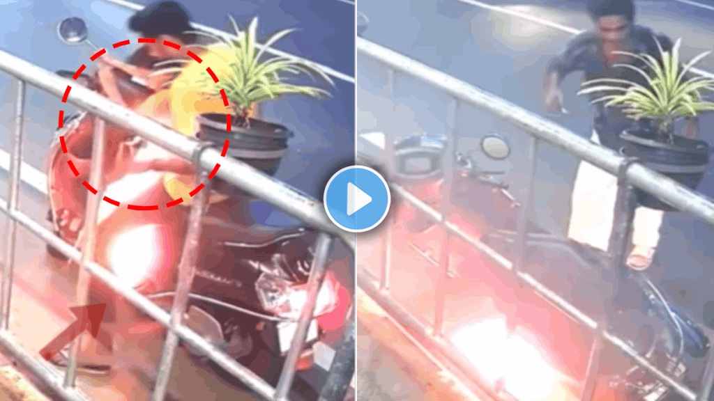 Shocking video of father and son accident scooter caught fire in Kerala video viral