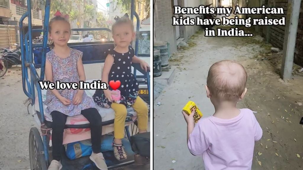 "An American mother with her children in India, enjoying the vibrant cultural environment."