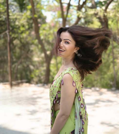 Rubina Dilaik Looks Glamorous in Green Saree with Pink Elephant Design