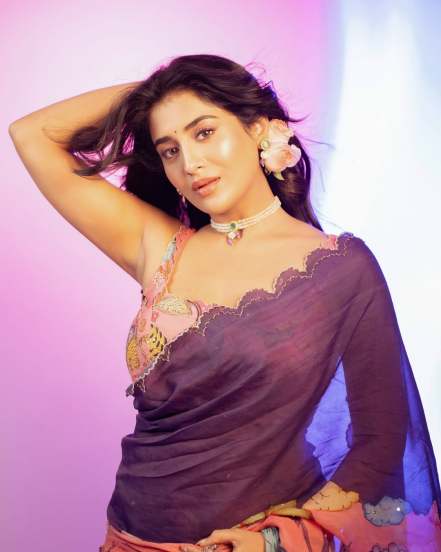 south actress raashi singh stunning photoshoot in multicoloure floral saree