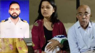 Himanshi Narwal, wife of Navy Lieutenant Vinay Narwal who was killed in the terror attack near Pahalgam, at the cremation ground in Karnal on Wednesday. (Express photo by Jasbir Malhi)