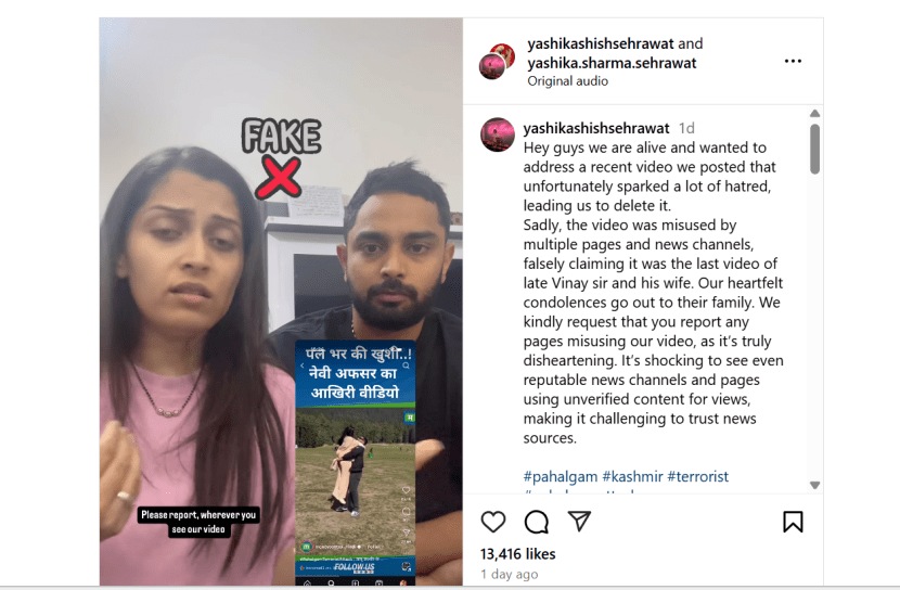 Viral video misidentified as final moments of Navy officer Vinay Narwal and his wife