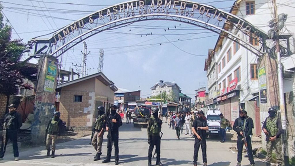 Indian security forces during an anti-terror operation in a forested area