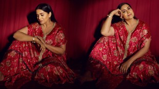 sonali kulkarni red designer and printed dress photo shoot simple look