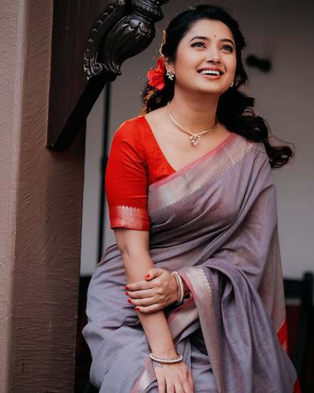 Prajakta Mali Brown Saree Look