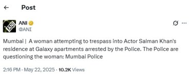 Woman Arrested For Attempting To Trespass Into Salman Khan Galaxy Apartments
