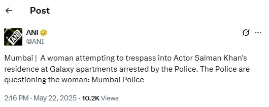 Woman Arrested For Attempting To Trespass Into Salman Khan Galaxy Apartments