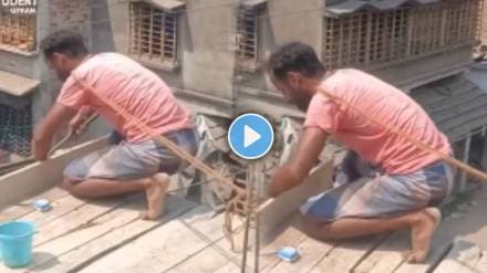 Worker Desi Jugaad while constructing a building