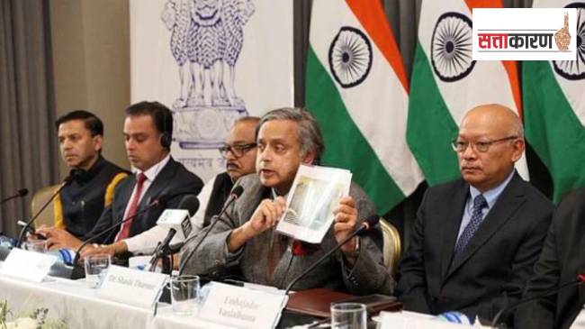 An all-party delegation including Congress leader Shashi Tharoor, Shiv Sena leader Milind Deora and others during an interaction with the Colombian journalists and media personalities from leading media houses, in Bogota, Colombia.