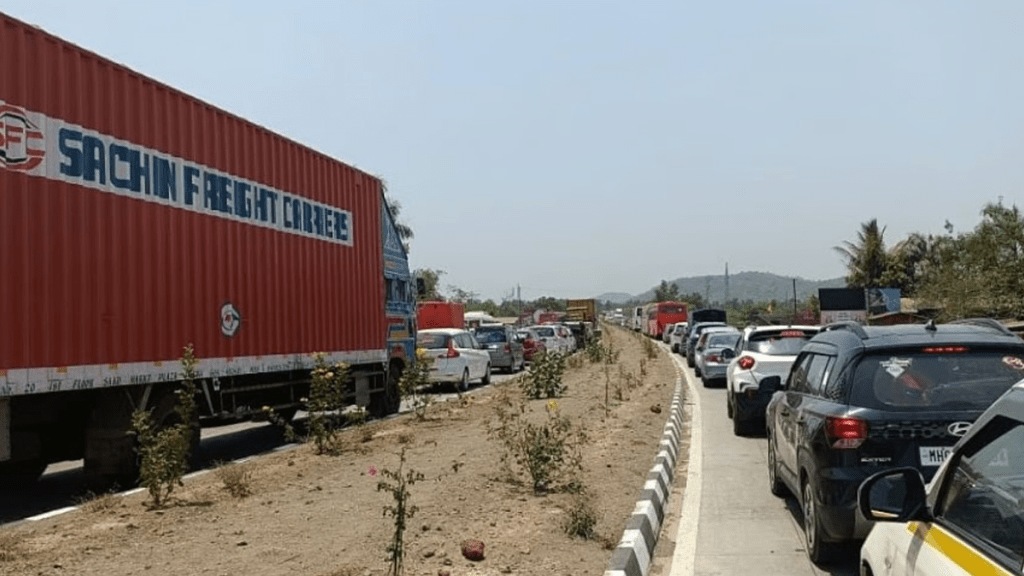 Office workers and tourists are facing traffic jams on their route due to the delayed road-widening work Indapur to Mangaon is getting blocked