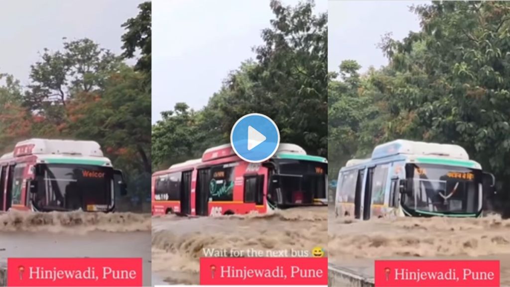 PMT bus driving through deep flooded road in Pune