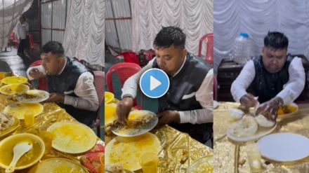 Man calmly eating food in a heavy rain