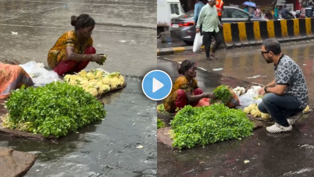 Young man helping woman in rain by buying vegetables and feeding cows