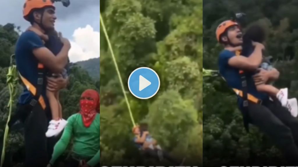 Father bungee jumping with 2-Year-Old Daughter