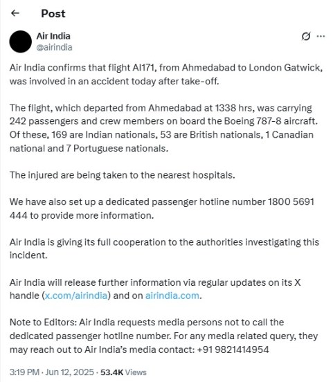 Air India Statement on Ahmedabad Flight Crash