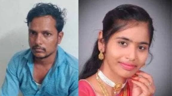 The police said Satish Hiremath (left), a petrol station worker from Narayanapura village, murdered Madhushree Angadi (right) and buried her body near a stream