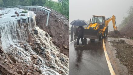 Mahabaleshwar heavy rain Tapola road cracks collapsed Communication with 15 villages lost