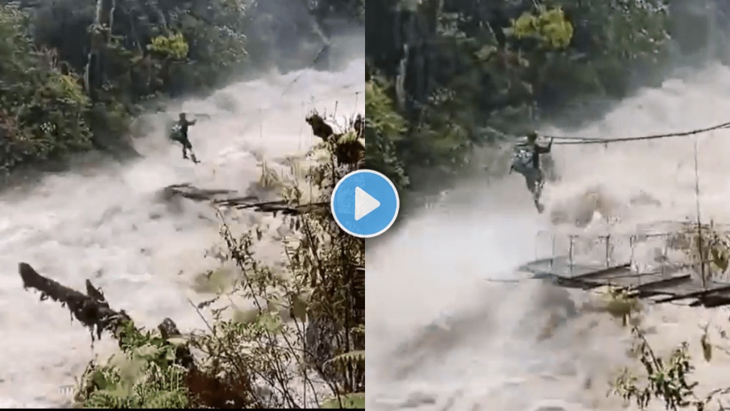Man Crosses Dangerous River on Broken Hanging Bridge in Flood-Hit Arunachal Viral Video Union minister Rijiju urges caution snk 94 Man Crosses Dangerous River on Broken Hanging Bridge in Flood-Hit Arunachal Viral Video Union minister Rijiju urges caution snk 94