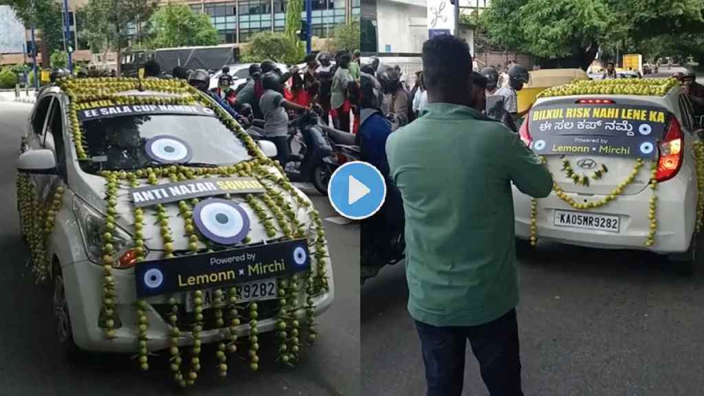 RCB Fans Unique Car with Lemon Mirchi to Prevent Bad Omen For Final vs PBKS on Bengaluru Road IPL 2025