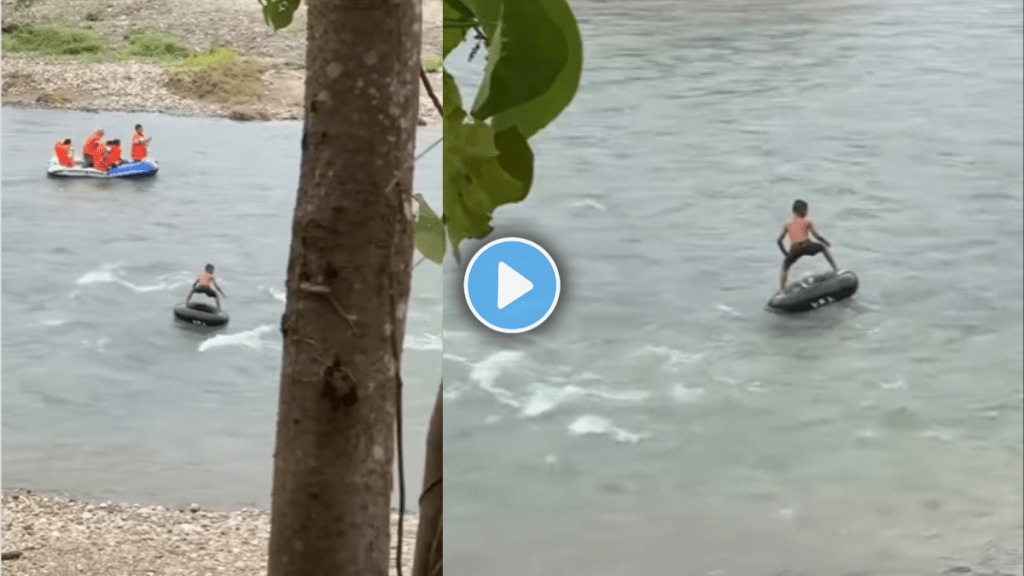 Toddler jumps into flowing river directly on tire tube thrilling