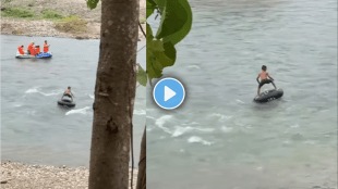 Toddler jumps into flowing river directly on tire tube thrilling