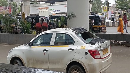 gravel asphalt falls on vehicle, Vehicle damaged Palava Chowk,