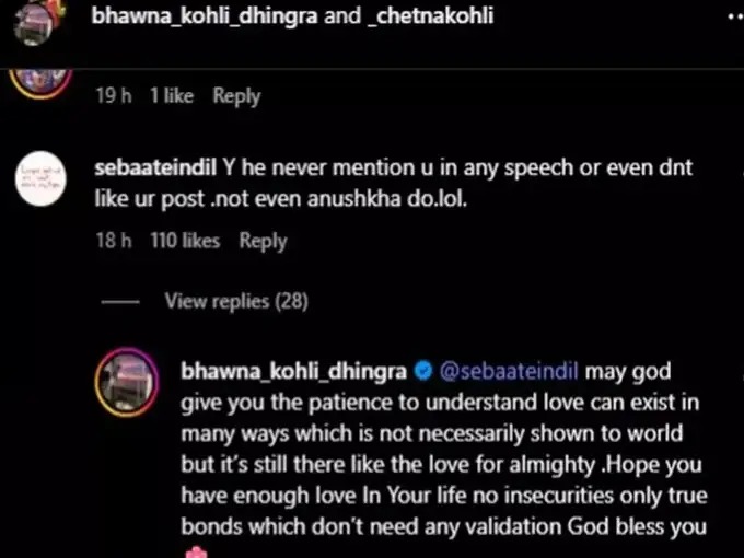 bhawna kohli reply user virat kohli anushka sharma