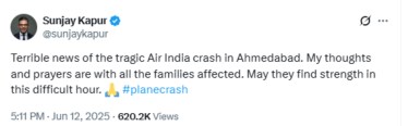 sunjay kapoor last post ahmedabad plane crash