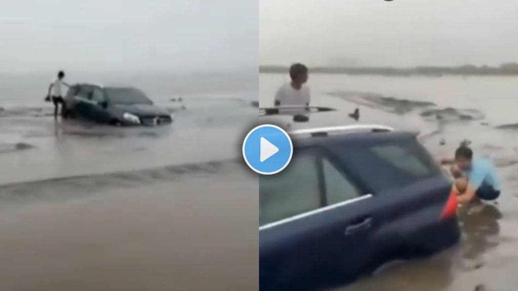 Dumas Beach : Mercedes Stuck in Sand at Surat's Dumas Beach