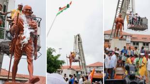 Pune city congress washed the Gandhi statue with milk at Pune railway station during a protest on Monday. A person identified as Suraj Shukla vandalized the statue on Sunday