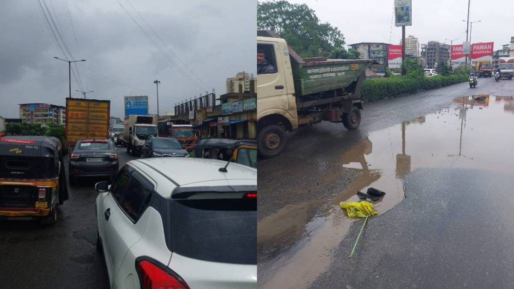 Traffic jam due to potholes on Govindwadi Road in Kalyan