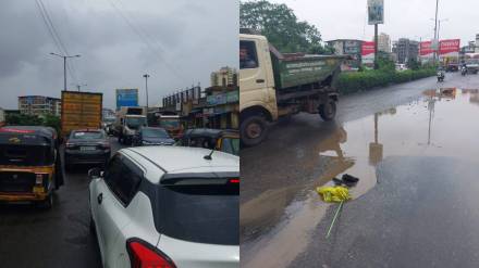 Traffic jam due to potholes on Govindwadi Road in Kalyan