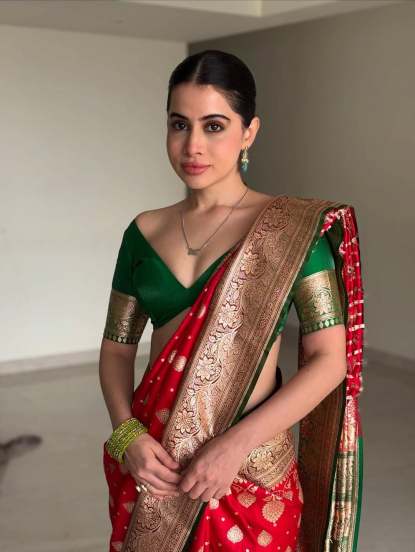 Urfi Javed Red Banarasi Saree Look
