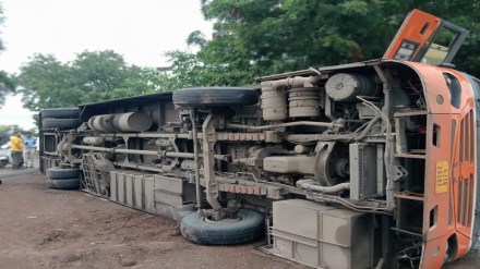Malegaon bus accident, Gujarat Transport Corporation accident, Satana-Malegaon road accident, bus overturn accident, road safety Maharashtra, bus driver accident control loss, vehicle accident Malegaon,